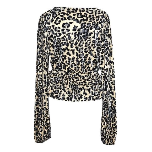 ✨ZARA Black Cream Leopard Print Faux Wrap Smocked Long Sleeve V Neck Sz M Top✨ - Picture 5 of 11